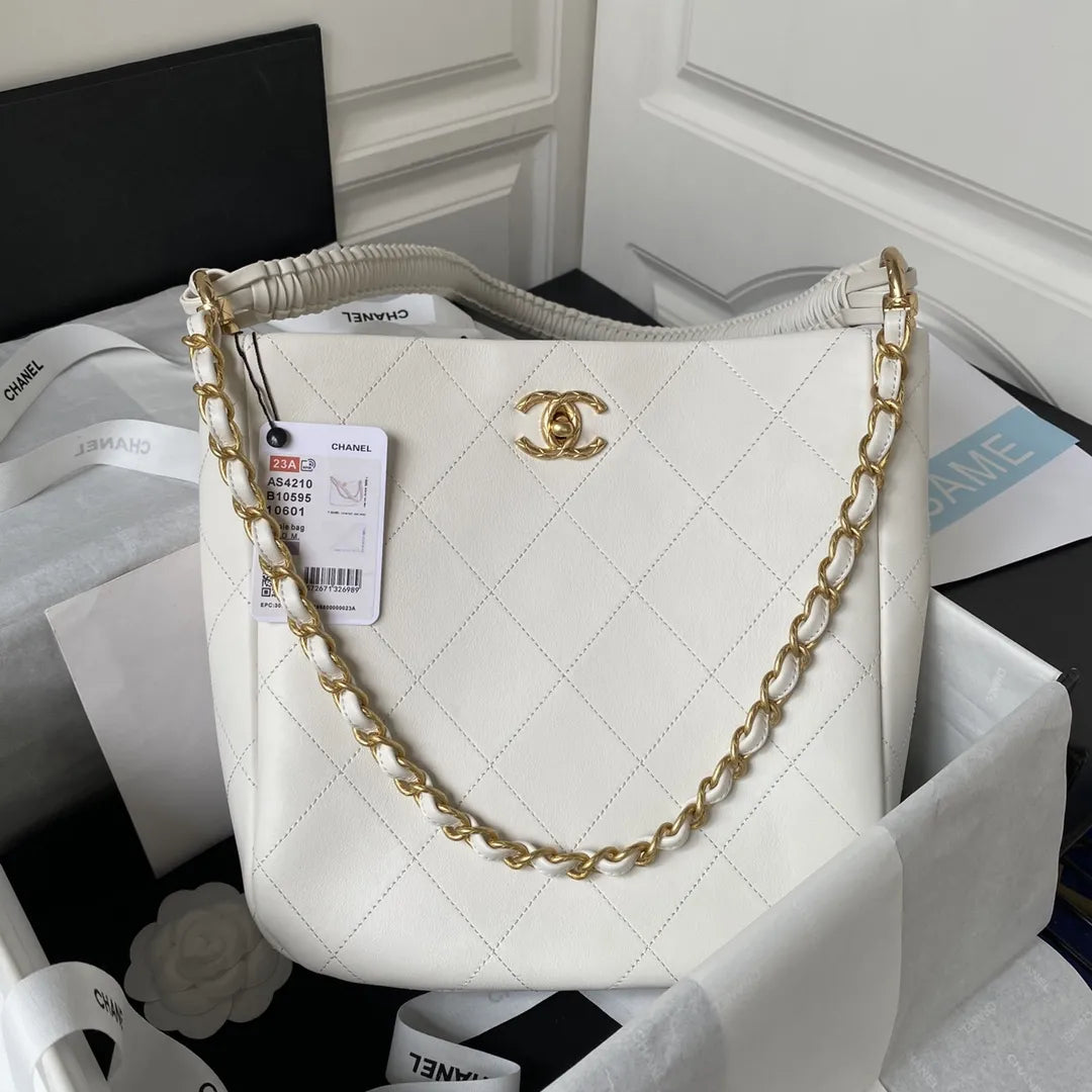 Chan*l calfskin hobo bag white/black - main image