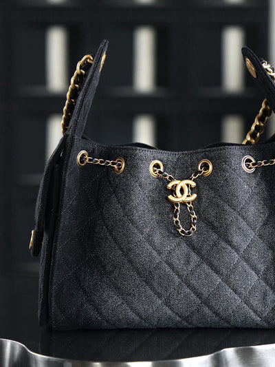 CC 25 HANDBAG IN BLACK 25 WASHED DENIM GOLD HARDWARE