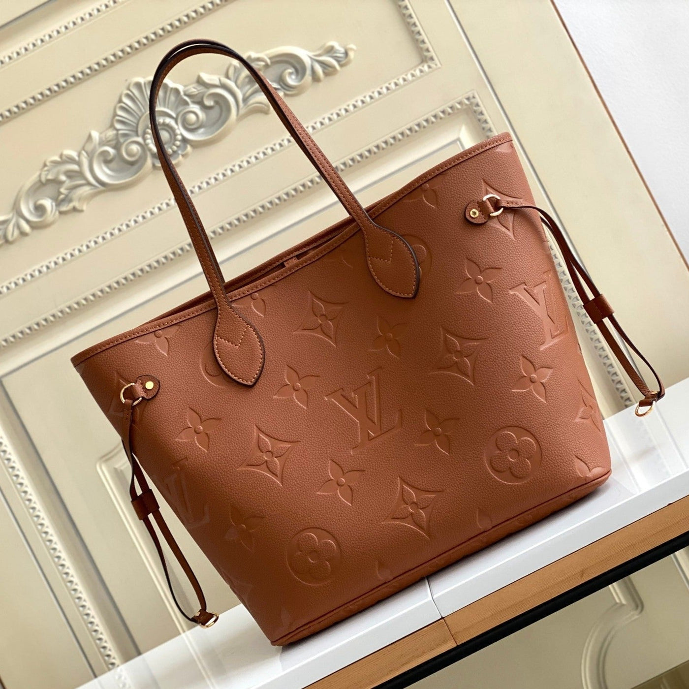 lv neverfull mm 32 brown monogram empreinte leather - main image