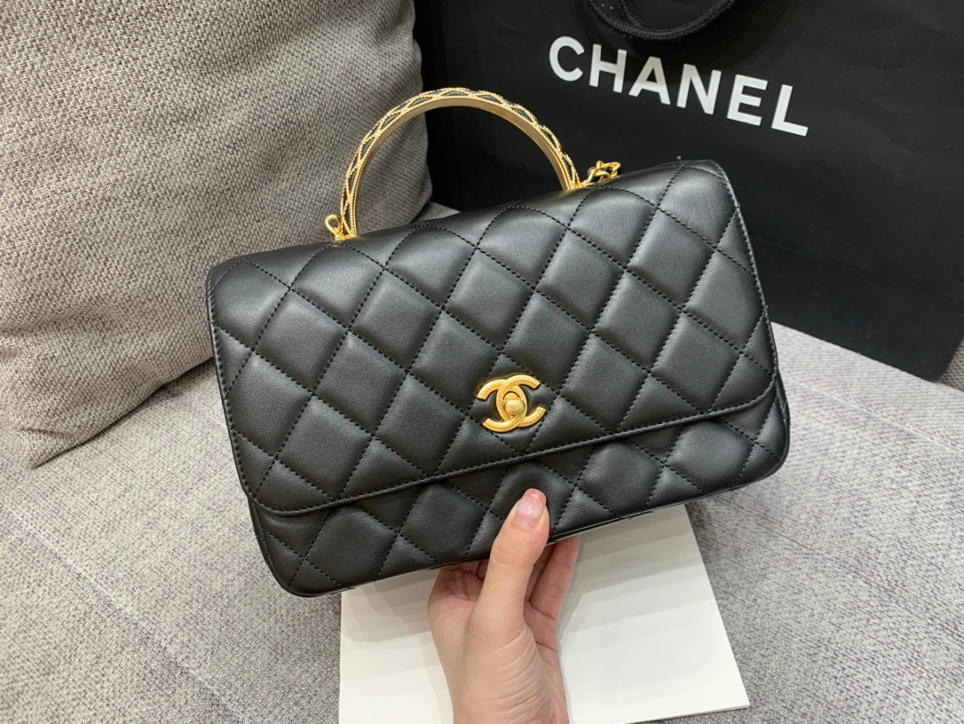 SMALL FLAP BAG 24CM TOP HANDLE BLACK LAMBSKIN GOLD HARDWARE - Image 7