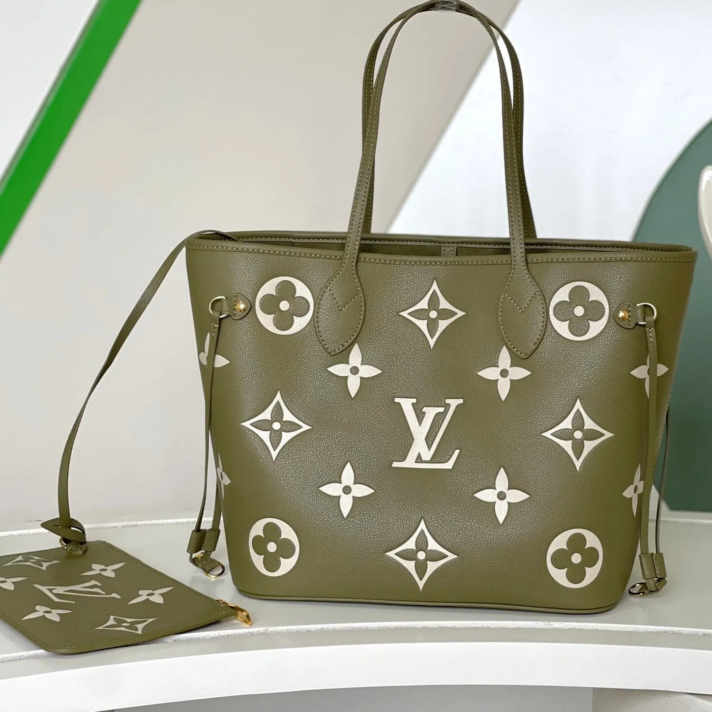lv neverfull mm khaki cream monogram empreinte leather - main image
