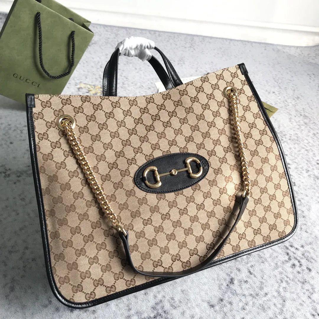 Guc*i brown large gg canvas 1955 horsebit chain tote beige - image 4