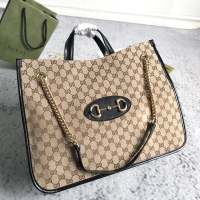 Guc*i brown large gg canvas 1955 horsebit chain tote beige - image 4