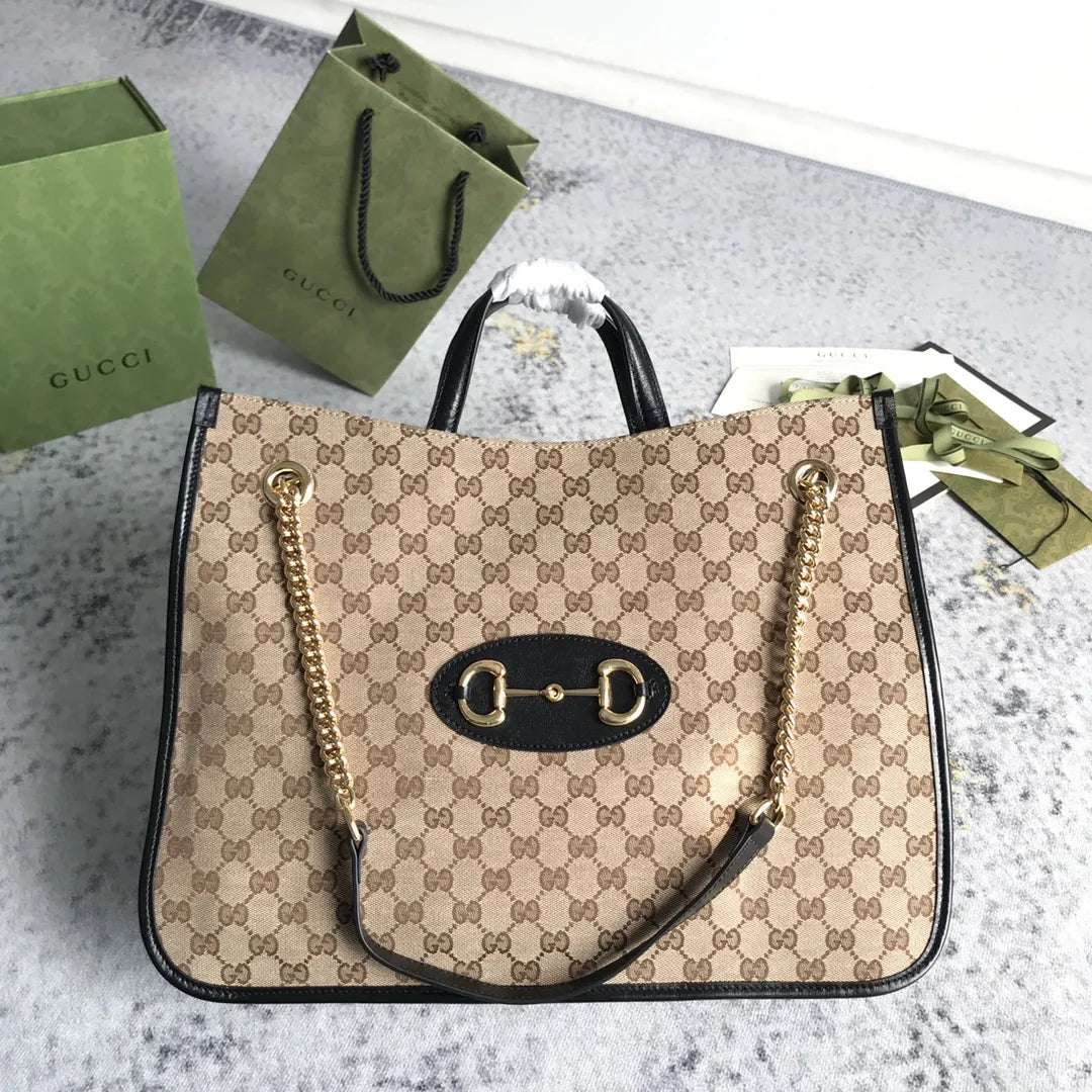 Guc*i brown large gg canvas 1955 horsebit chain tote beige - main image