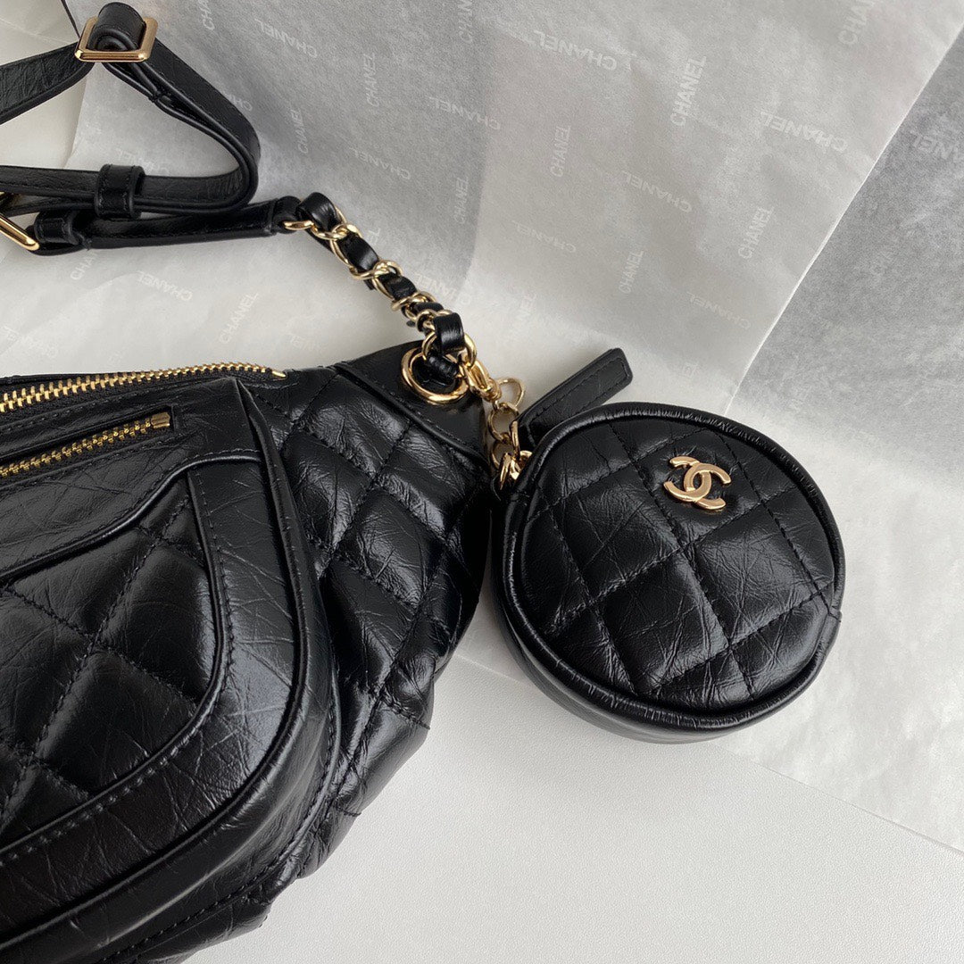 Chan*l bumbag black wrinkled leather lock gold handbags 34x15x6cm - image 2