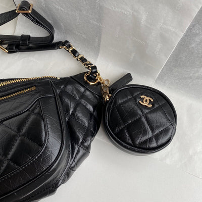 Chan*l bumbag black wrinkled leather lock gold handbags 34x15x6cm - image 2