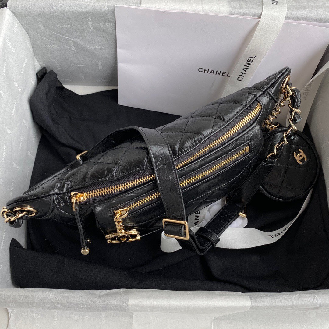 Chan*l bumbag black wrinkled leather lock gold handbags 34x15x6cm - image 3