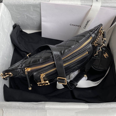 Chan*l bumbag black wrinkled leather lock gold handbags 34x15x6cm - image 3