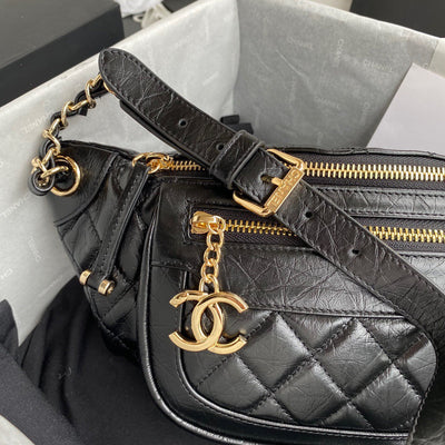 Chan*l bumbag black wrinkled leather lock gold handbags 34x15x6cm - image 7
