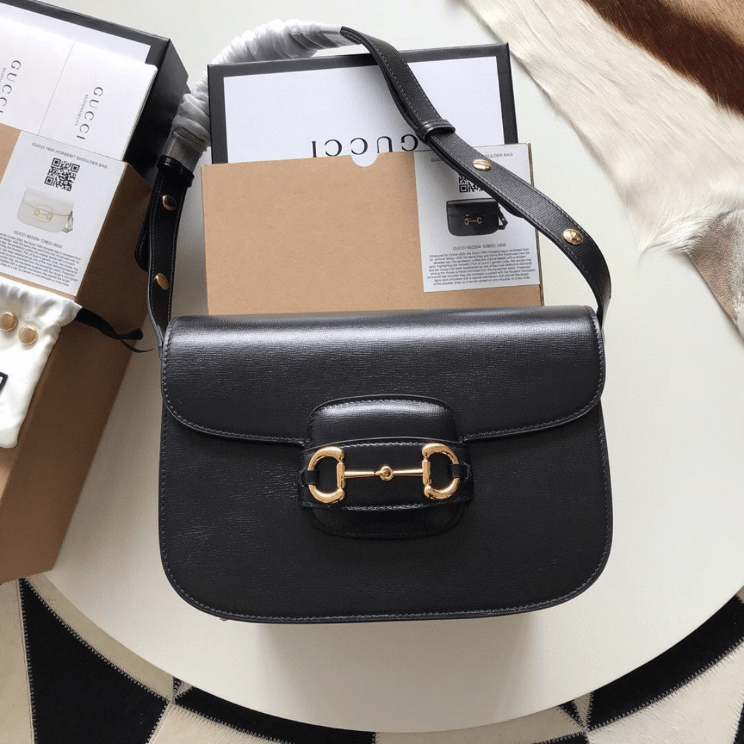 Guc*i 1955 horsebit like auth handbag black smooth leather 25cm - main image