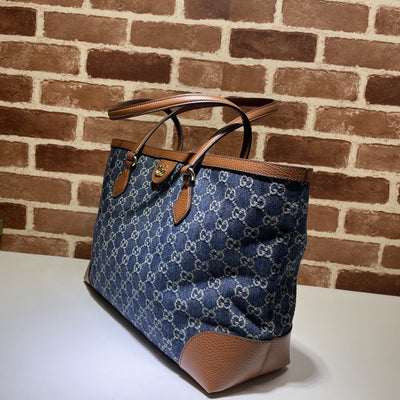 Guc*i medium tote gg denim bag brown navy blue leather - image 3