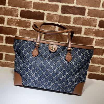 Guc*i medium tote gg denim bag brown navy blue leather - main image