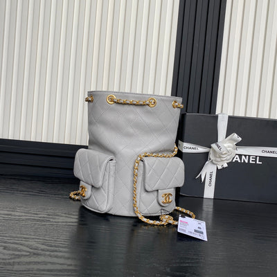 CRUISE DRAWSTRING BACKPACK 24 IN GREY LAMBSKIN GOLD-TONE METALLIC