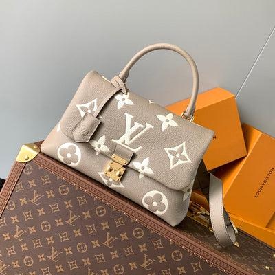 lv madeleine 30 in beige monogram calfskin embossed logo - main image
