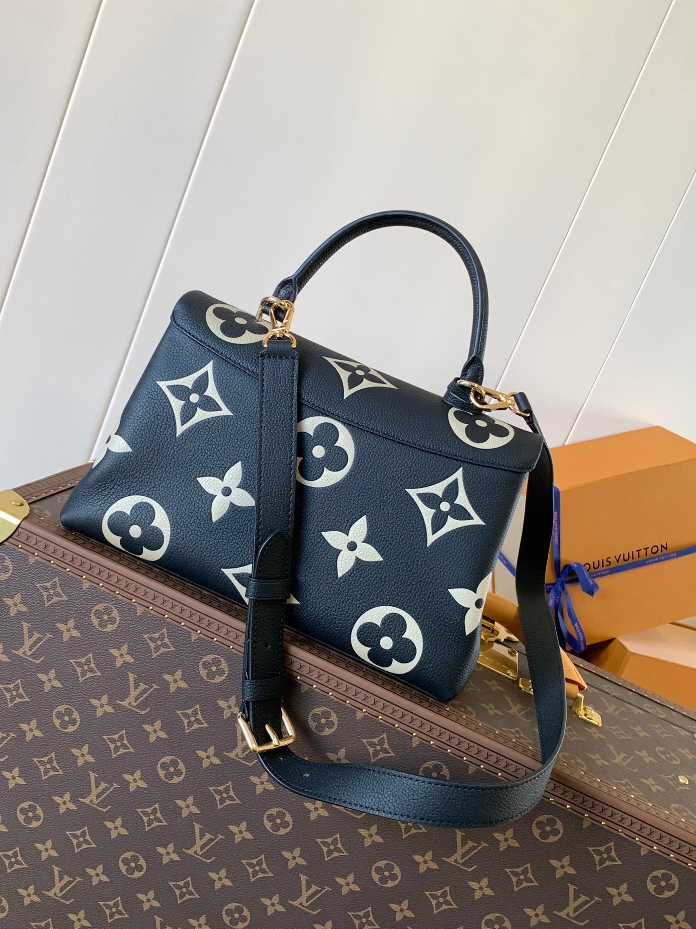 lv madeleine 30 in black mix white monogram calfskin embossed logo - image 9