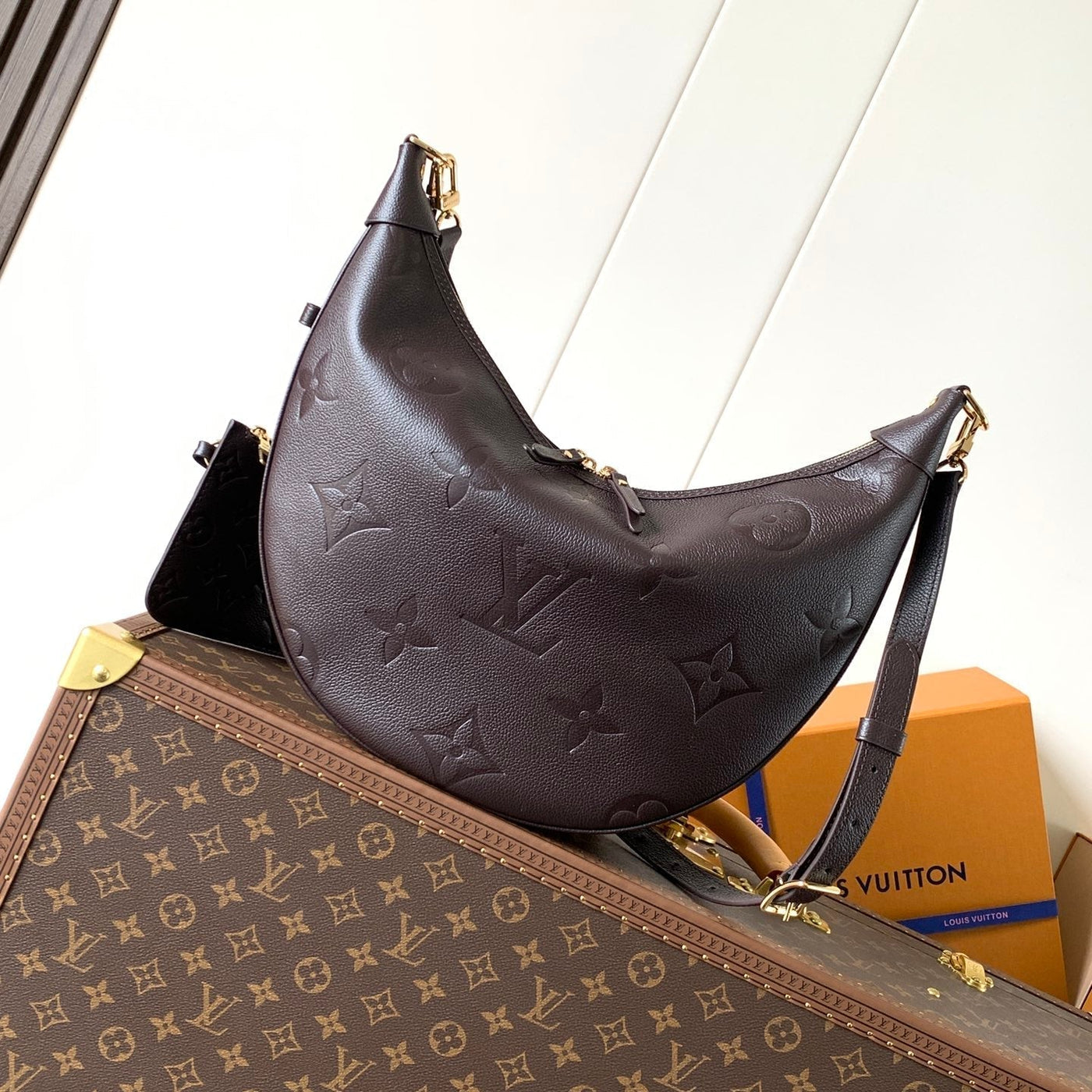 lv loop hobo 38 in dark brown monogram calfskin embossed logo - main image