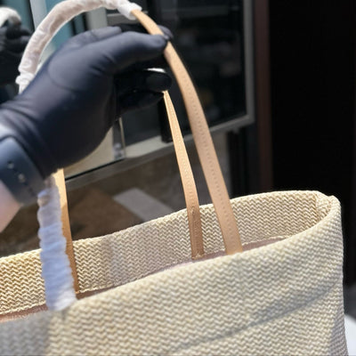 CROCHET TOTE BAG 38 IN BEIGE WOVEN RAFFIA BROWN CALFSKIN STRAP
